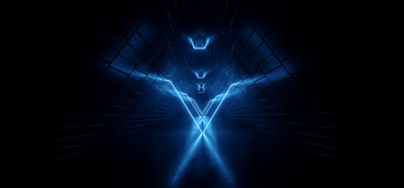 Triangle Neon Laser Sci Fi Futuristic Blue Cyber Retro Modern Glowing Shape Fluorescent Dark Background Tunnel Corridor Stage Gate Garage Warehouse 3D Rendering Illustrationの写真素材