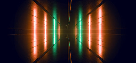 Neon Laser Orange Green Pillars Metal Structure Hexagonal Tiled Metal Concrete Reflective Floor Dark...