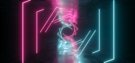 Future Neon Lights Sci Fi Futuristic Purple Blue Laser Shine In Dark Concrete Grunge Tunnel Underground Studio Garage Reflections Vibrant Shapes 3D Rendering Illustrationの写真素材