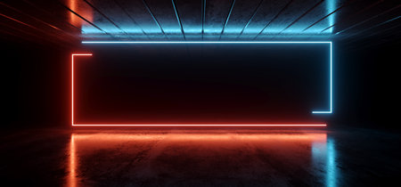 Retro Synth Laser Neon Tunnel Modern Sci Fi Futuristic Framr Wide Screen Rectangle Orange Blue Glowing Lights Metallic Texture Concrete Floor Dark Warehouse Garage Underground Cyber Background 3D Rendering illustrationの写真素材