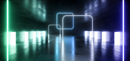 Sci Fi Neon Stage Futuristic Construction Laser Frame Blue Green Glowing Rectangle Reflective Concrete Garage Hallway Tunnel Corridor Cyber Retro Modern 3D Rendering Illustrationの写真素材