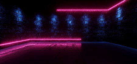 Club Neon Blue Purple Laser Stage Podium Spotlight Glowing Blue Lights On Rough Grunge Wood Barn Stone Concrete Cement Glossy Floor Dark Hangar Tunnel Corridor 3D Rendering Illustrationの写真素材