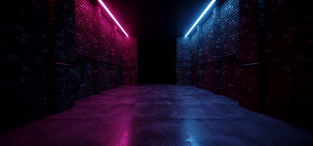 Neon Sci Fi Retro Modern Glowing Pantone Blue Purple Red Club Neon Dance Tunnel Corridor Brick Garage Underground Night Reflective Concrete Empty 3D Rendering Illustrationの写真素材