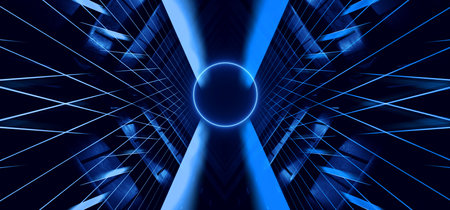 Dark Night Alien Spaceship Virtual Tunnel Corridor Neon Led Laser Lights Glowing Blue Vibrant...