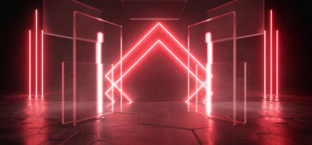 Cyber Glass Panels Gallery Neon Fluorescent Laser Red Lines Sci Fi Futuristic Metal Reflective Showroom Concrete Stage Podium Fashion Tunnel Corridor Hallway Garage Show Underground 3D Rendering Illustrationの写真素材