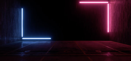 Cyber Virtual Reality  Construction Sci Fi Neon Glowing Futuristic Purple Blue Lines On Grunge Garage Concrete Rough Texture Car Parking Tunnel Corridor 3D Rendering Illustrationの写真素材