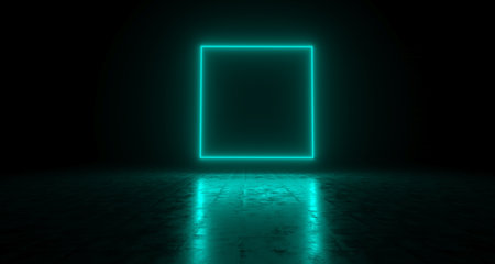 Blue Empty Rectangle Neon Light On Concrete Reflective Surface. 3D Rendering Illustrationの写真素材