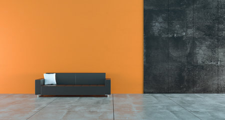 High Contrast Empty Room With Orange And Dark Concrete Walls And Black Leather Sofa Minimalistic Concept.3D Rendering Illustrationの写真素材