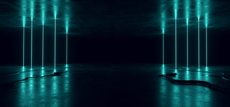 Sci Fi Neon Glowing Lights Blue Vertical Pylon Lines Cables Plugs Floor Lasers Studio Stage Show...
