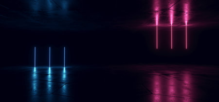 Sci Fi Neon Glowing Lights Purple Blue Background Vertical Laser Gate Lines Floor Lasers Studio Stage Show Night Retro Futuristic Modern Empty Concrete Grunge Virtual Dark 3D Rendering Illustrationの写真素材