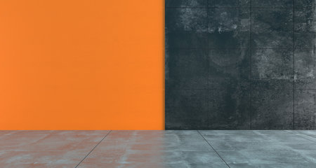 High Contrast Empty Room With Orange And Dark Concrete Walls Minimalistic Concept.3D Rendering Illustrationの写真素材