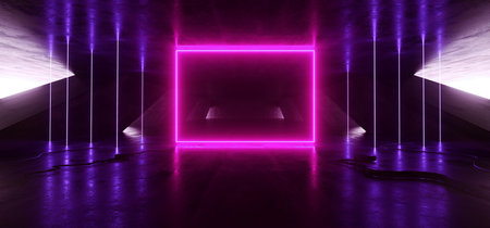 Sci Fi Neon Glowing Lights Blue Purple Rectangle Lines Cables Plugs Floor Lasers Studio Stage Show Night Retro Futuristic Modern Background Empty Concrete Grunge Virtual Dark 3D Rendering Illustrationの写真素材