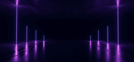 Sci Fi Neon Glowing Lights Violet Vertical Laser Lines Cables Plugs Floor Lasers Studio Stage Show Night Retro Futuristic Modern Background Empty Concrete Grunge Virtual Dark 3D Rendering Illustrationの写真素材