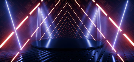 Sci Fi Futuristic Cyber Triangle Neon Laser Red Blue Purple Circle Stage Podium Glowing Spaceship Empty Showroom Hallway Tunnel Corridor Metal Glossy Floor 3D Rendering Illustrationの写真素材