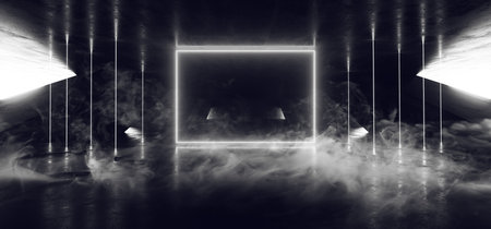 Smoke Smoke Sci Fi Neon Glowing Lights Laser Lines Cables Plugs Floor Lasers Studio Stage Show Night Retro Futuristic Modern Background Empty Concrete Grunge Virtual Dark 3D Rendering Illustrationの写真素材