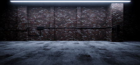 Underground Realistic Brick Retro Concrete Cement Room Garage Warehouse Showroom Podium Studio Car Parking Industrial 3D Rendering Illustrationの写真素材