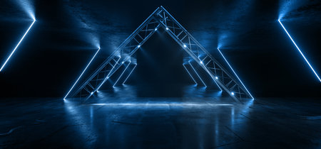 Neon Glowing Triangle Stage Blue Metal Construction Concrete Tunnel Corridor Hall Studio Cyber Spaceship Retro Modern Sci Fi Futuristic Lasers 3D Rendering Illustrationの写真素材
