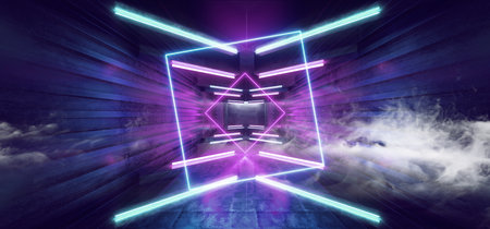 Smoke Sci Fi Futuristic Arrow Shaped Neon Lights Glowing Vibrant Blue Purple Corridor Grunge...