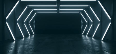 Cyber Garage Neon Fluorescent Blue Cinematic Glowing Lights Studio Empty Showroom Tunnel Concrete...