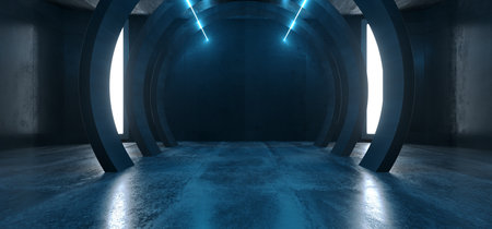 Futuristic Neon Lights Sci Fi Glowing Blue Virtual Vibrant Underground Garage Tunnel Corridor Grunge Concrete Reflection Dark Empty Circle Shapes 3D Rendering Illustrationの写真素材