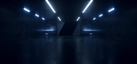 Sci Fi Neon Glowing Blue Cinematic Showroom Spaceship Futuristic Metal Gate Mechanism Dark Underground Tunnel Corridor Hallway Background 3D Rendering Illustrationの写真素材