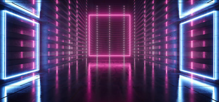 Neon Glowing Reflective Rectangle Empty Tunnel Corridor Synthwave Background Purple Podium Blue Electric Laser Beams Alien Spaceship Cyber 3D Rendering Illustrationの写真素材