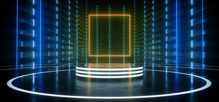 Neon Glowing Reflective Rectangle Empty Tunnel Corridor Synthwave Background Orange Podium Blue...
