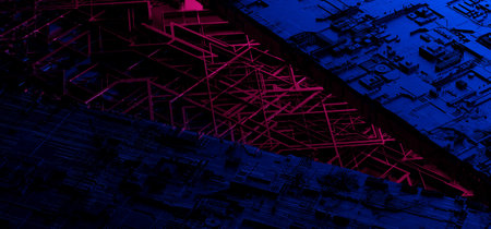 Neon Fluorescent Purple Blue Vibrant Sci Fi Futuristic Cyber Closeup Schematic Pc Motherboard Background  Metal Alien Reflective Detailed Realistic 3D Rendering Illustrationの写真素材