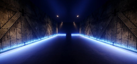 Wood Barn Neon Sci Fi Futuristic Glowing Blue Fluorescent Lights Cyber Garage Hangar Tunnel Corridor Glossy Showroom Dark Underground Spotlights 3D Rendering Illustrationの写真素材