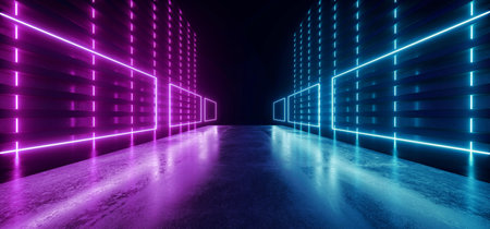 Sci Fi Stage Podium Laser Neon Lines Path Cyber Virtual Alien Spaceship Blue Pantone Futuristic Tunnel Hall Concrete Metal Cosmic Modern Showroom 3D Rendering Illustrationの写真素材