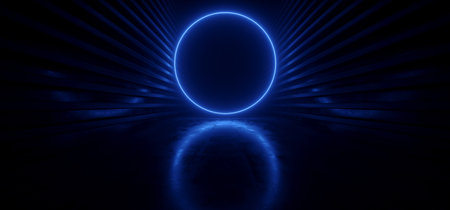 Cyberpunk Neon Laser Cyber Sci Fi Circle Light Glowing Classic Retro Blue Pantone Reflective Concrete Metal Grunge Club Night Dance Floor Stage Studio 3D Rendering Illustrationの写真素材