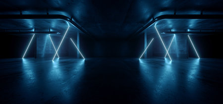 Neon Warehouse Laser Blue Glowing Vibrant Electric Concrete Cement Underground Showroom Tunnel Corridor Parking Grunge Asphalt 3D Rendering illustrationの写真素材