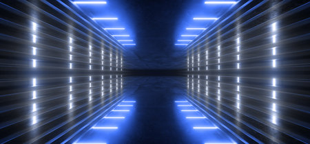 Cyber Virtual Reality Sci Fi Futuristic Led LAser Neon Lights Glowing Blue Vibrant Reflective Concrete Metal Corridor Spaceship Tunnel Hallway 3D Rendering illustrationの写真素材