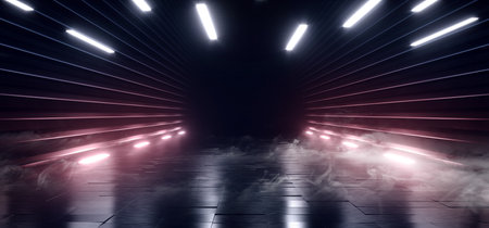 Sci FI Futuristic Smoke Glowing Purple Blue Neon Led Laser Tunnel Dark Night Corridor Hallway Concrete Metal Spaceship Stage Podium Showroom Electric Cyber Virtual 3D Rendering illustrationの写真素材