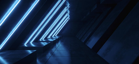 Sci Fi Neon Glowing Vibrant Blue Laser Fluorescent Tube Shaped Lights Elegant Modern In Reflective Concrete Grunge Tiled Corridor Tunnel Entrance 3D Rendering Illustrationの写真素材