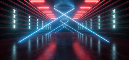 Cyber Virtual Reality Sci Fi Futuristic Led LAser Neon Lights Glowing Red Blue Vibrant Reflective Concrete Metal Corridor Spaceship Tunnel Hallway 3D Rendering illustrationの写真素材