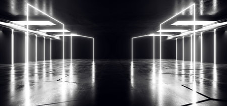 Futuristic Neon Laser Lines Glowing White VIbrant Synth Cement Concrete Underground Warehouse Garage Studio Empty Showcase Tunnel Corridor Background 3D Rendering Illustrationの写真素材