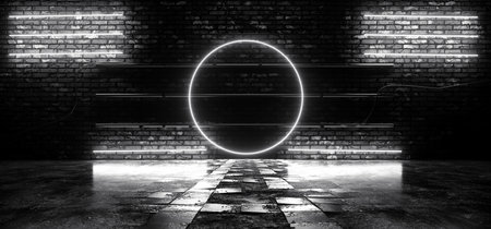 Retro Neon Cyber Circle Stage Podium Laser Fluorescent White Tube Lights Glowing On Club Night Dance Grunge Brick Wall Cement Rough Floor Tile Concrete Garage Underground Background 3D Renderingc Illustrationの写真素材