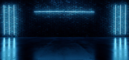 Retro Neon Cyber Laser Fluorescent Blue Tube Lights Glowing On Old Club Night Dance Grunge Brick Wall Cement Concrete Floor Garage Underground Background 3D Rendering Illustrationの写真素材