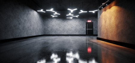 Car Garage Showroom Modern Sci Fi Elegant Led Lights Abstract Shapes And Warm Spot Lights On Cement...