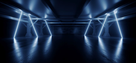 Cyber Parking Alien Spaceship Virtual Neon Sign Glowing Lasers Glowing Vibrant Blue Cement Basement Warehouse Tunnel Corridor Dark  Showroom Club Retro 3D Rendering Illustrationの写真素材