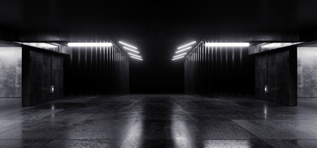 Dark Concrete Led White Lights Underground Tunnel Corridor Cement Asphalt Basement Hallway Warehouse...
