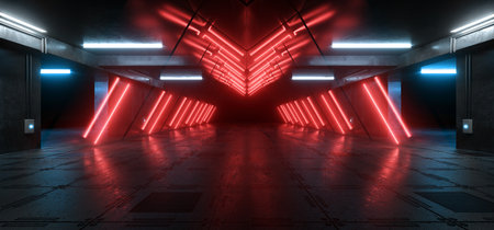 Sci Fi Futuristic Neon Underground Parking  Glowing Laser Beams Red Concrete Cement Asphalt Grunge Cyber Warehouse Tunnel Corridor Showroom 3D Rendering Illustrationの写真素材