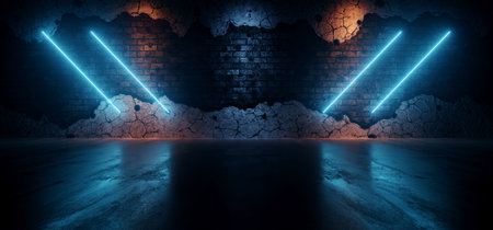 Rough Dark Neon Sci Fi Futuristic Lasers Glowing Tube Lights Blue Orange On Rough Brick Wall Realistic Cement Concrete Asphalt Glossy Floor Dark Ambient 3D Rendering Illustrationの写真素材