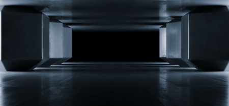 Sci Fi Concrete Grunge Tunnel Columns Alien White Window Lights Empty Space Hallway Reflective Futuristic Room Corridor Spaceship Alien Night Stage 3D Rendering Illustrationの写真素材
