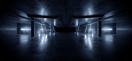 Neon Sci Fi Futuristic Laser Warehouse Blue White Concrete Cement Glowing Lights Showroom Tunnel Corridor Dark Empty Hangar Garage Parking Alien 3D Rendering illustrationの写真素材