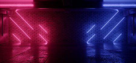 Neon Lights Grunge Sci Fi Underground Garage Car Room Cement Asphalt Concrete Brick Wall Realistic Blue Purple Colors Cyber Background 3D Rendering illustrationの写真素材