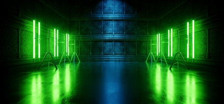 Sci Fi Alien Cyber Dark Stage Podium Hallway Room Corridor Green Lights On Stands Cables Glossy Concrete Floor Brick Stone Medieval Wall Rough Grunge 3D Rendering Illustrationの写真素材