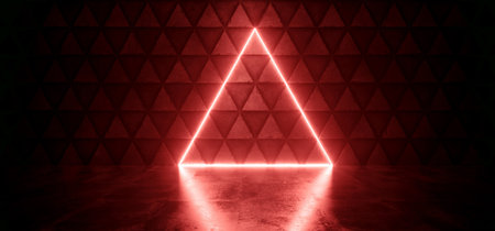 Neon Glowing Sci Fi Triangle Orange Shape Laser Beam Empty Concrete Wall Hangar Corridor Showroom Glossy Grunge Floor Realistic 3D Rendering Illustrationの写真素材