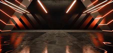 Studio Lights Orange Hall Cyber Alien Sci Fi Futuristic Spaceship Hangar Big Concrete Cement Basement Hallway Studio Lights Showroom Realistic Bunker Garage 3D Rendering  Illustrationの写真素材